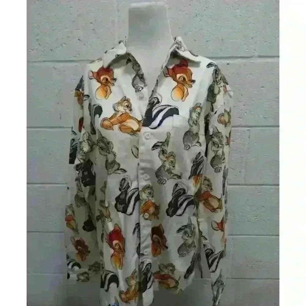 Bambi Pajama Button Up Shirt Size S Thumper Chipmunks‎ and Critters All Over VTG